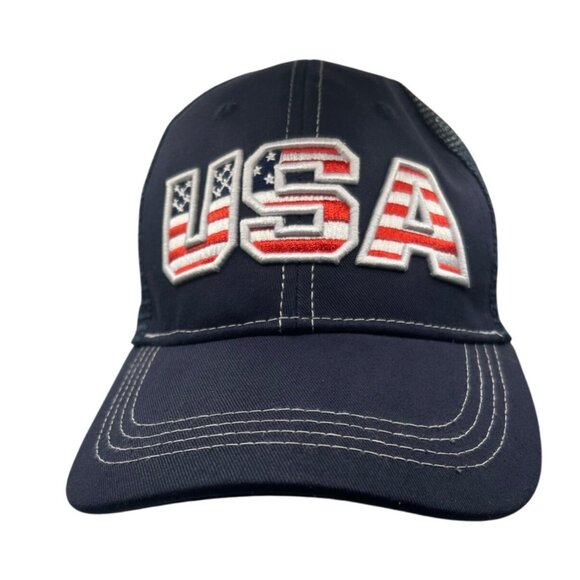USA Flag Embroidered Trucker Hat Mesh Back Adjustable Snapback Navy Blue Cotton - Picture 1 of 7